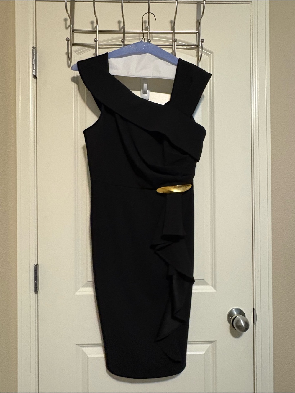 Donna Karan Black One-Shoulder Asymmetrical Sheath Dress with Gold Accent